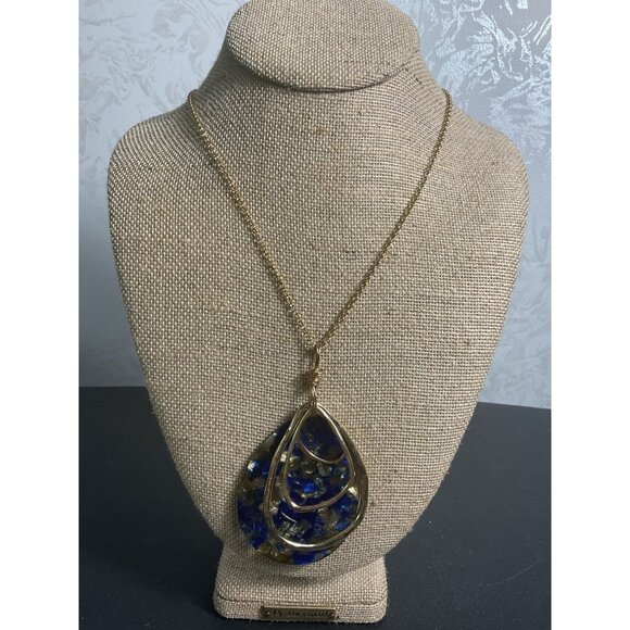 Gold Chain Necklace With Blue & Gold Teardrop Pendant - Picture 3 of 3